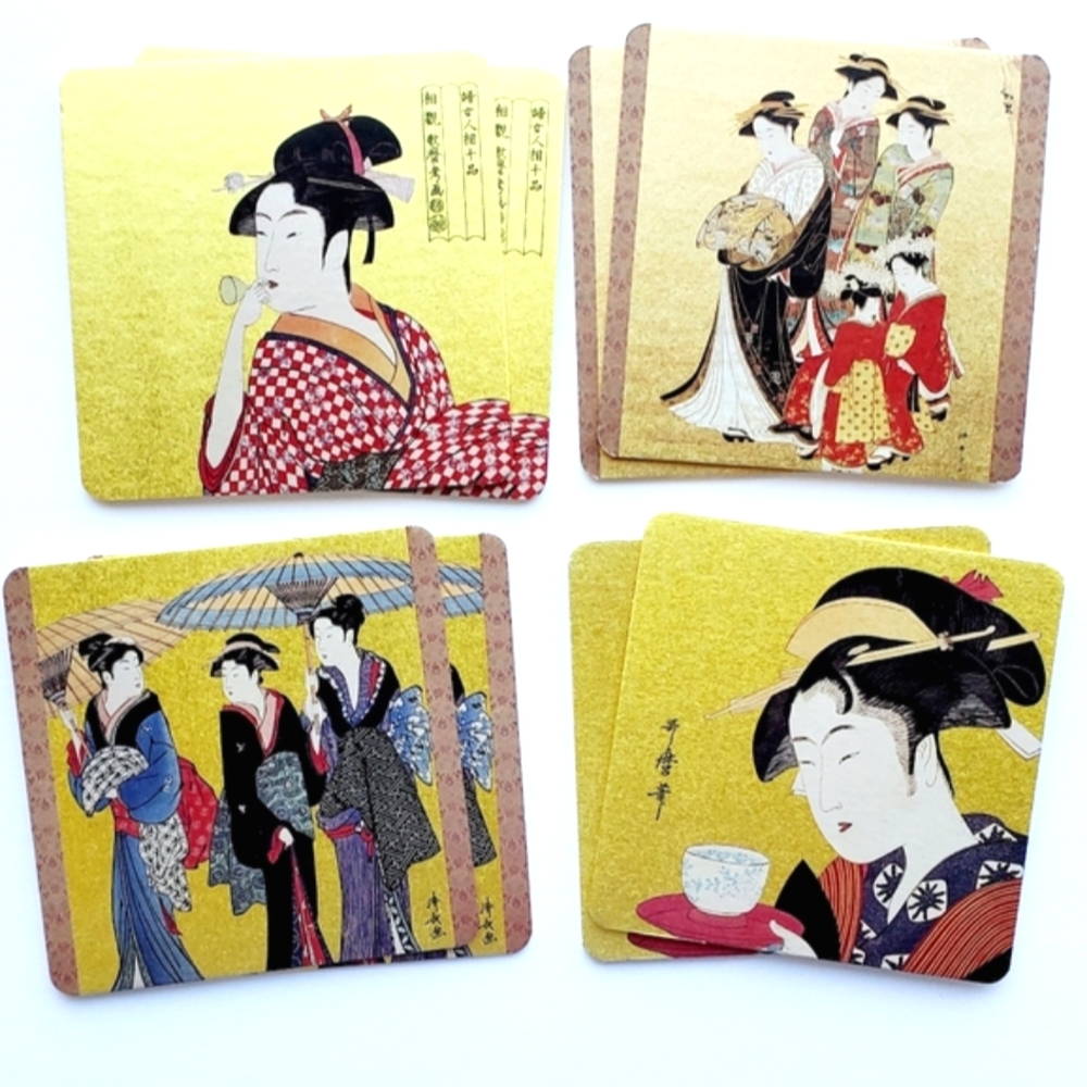 Vintage Yukiyoe Japanese Coasters Geisha Girl Boxed Set Of 8 Gold Classic Japan